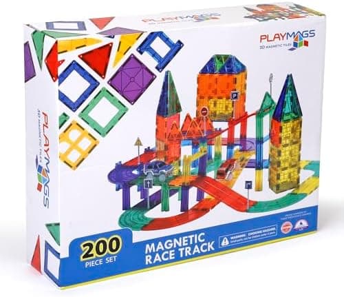 Playmags 200-piece magnetic tiles racetrack set with two motorised racing cars
