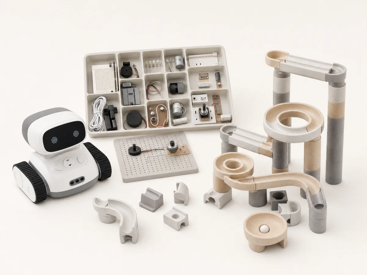 A coding robot, electronics tray and marble run for ages 6 to 8
