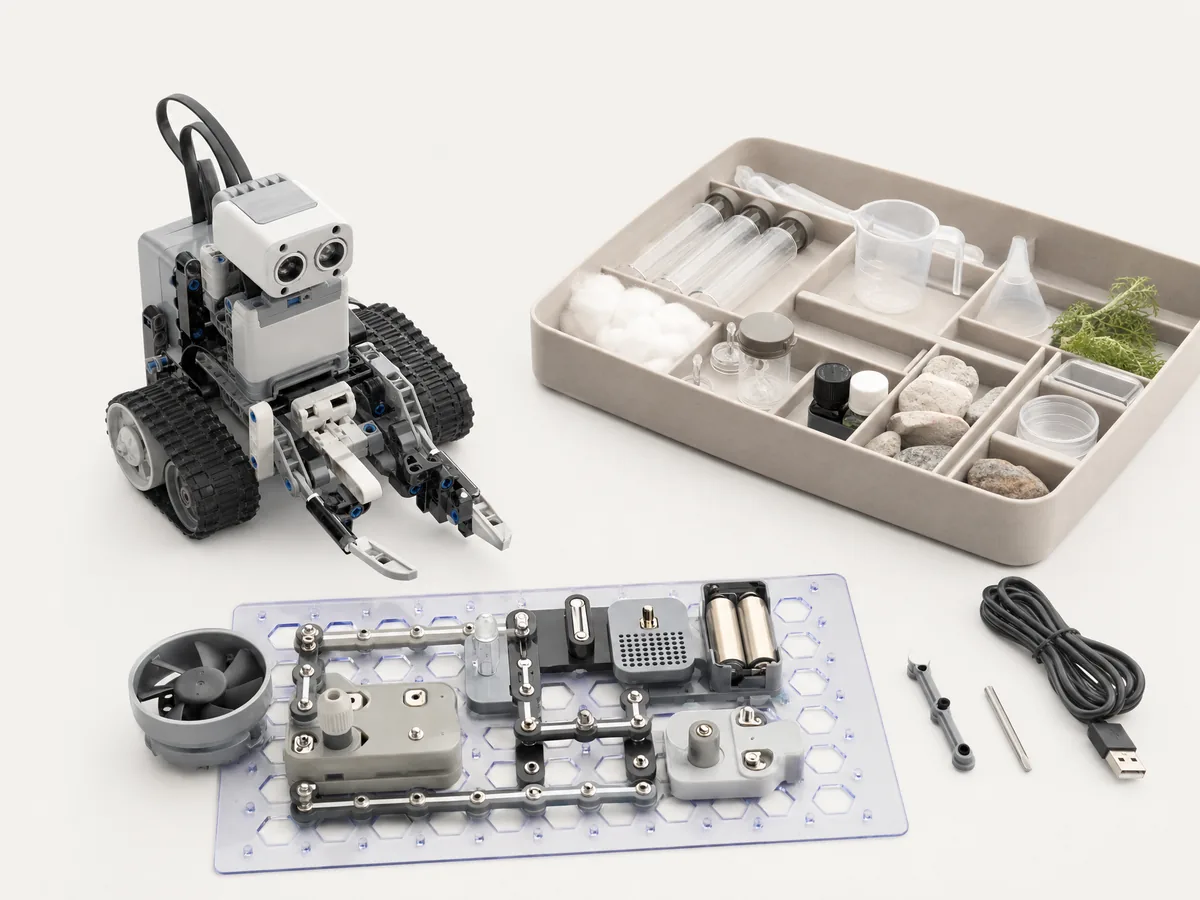 A robot kit, science tray and snap-together electronics for ages 9 to 12