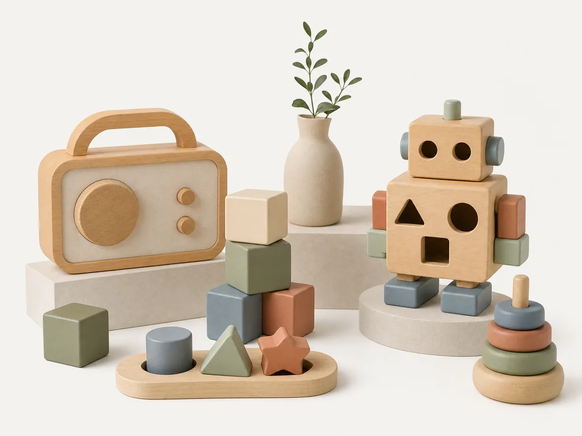 Wooden radio, block robot and stacking toys for preschoolers