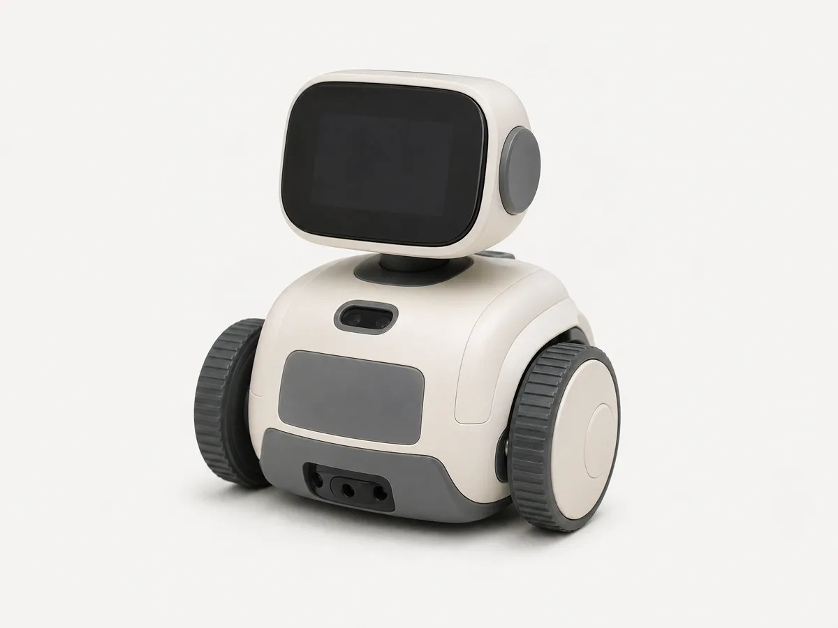 A compact companion robot on a pale studio surface