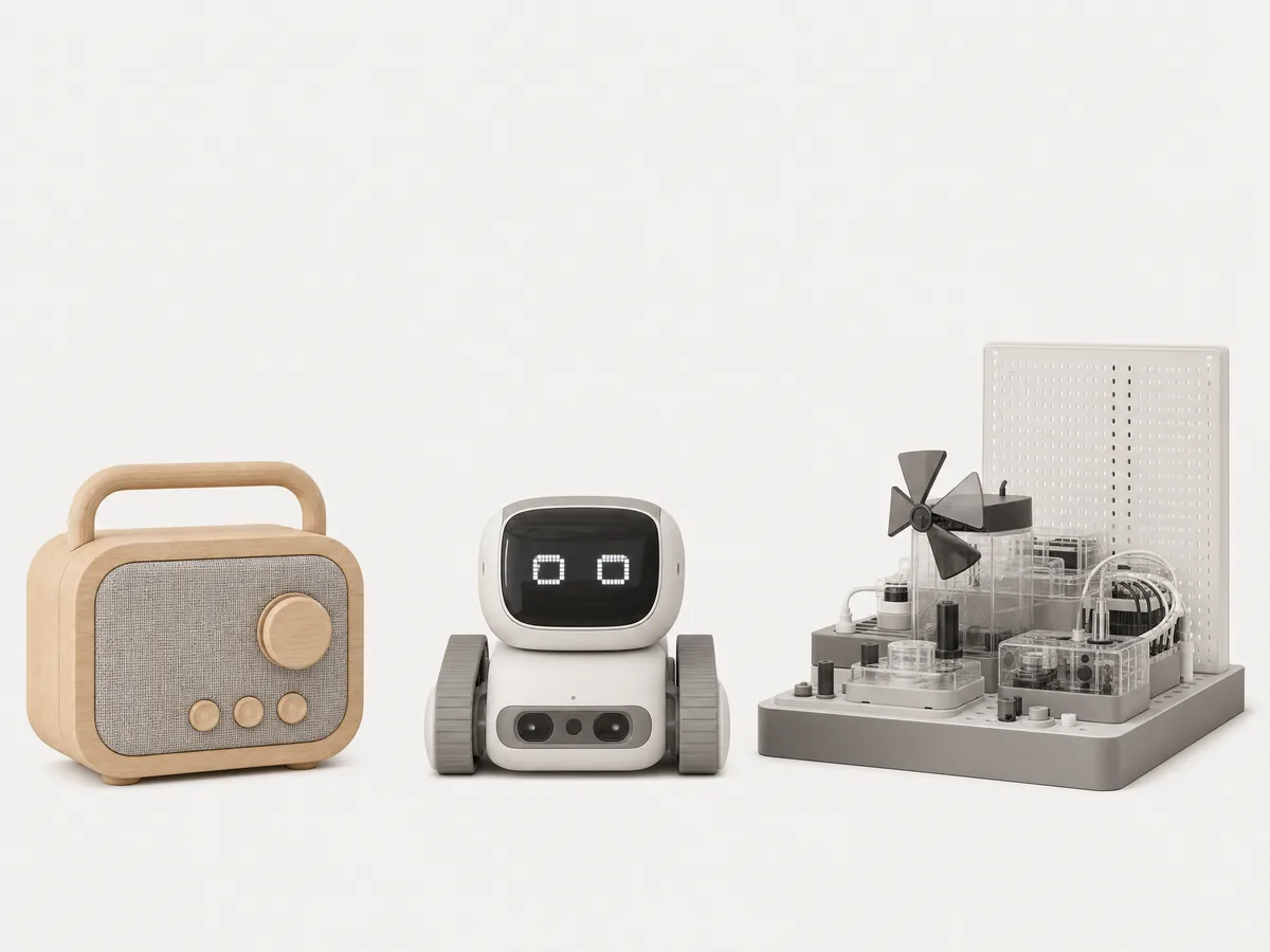A wooden speaker, desktop robot and STEM kit for different ages