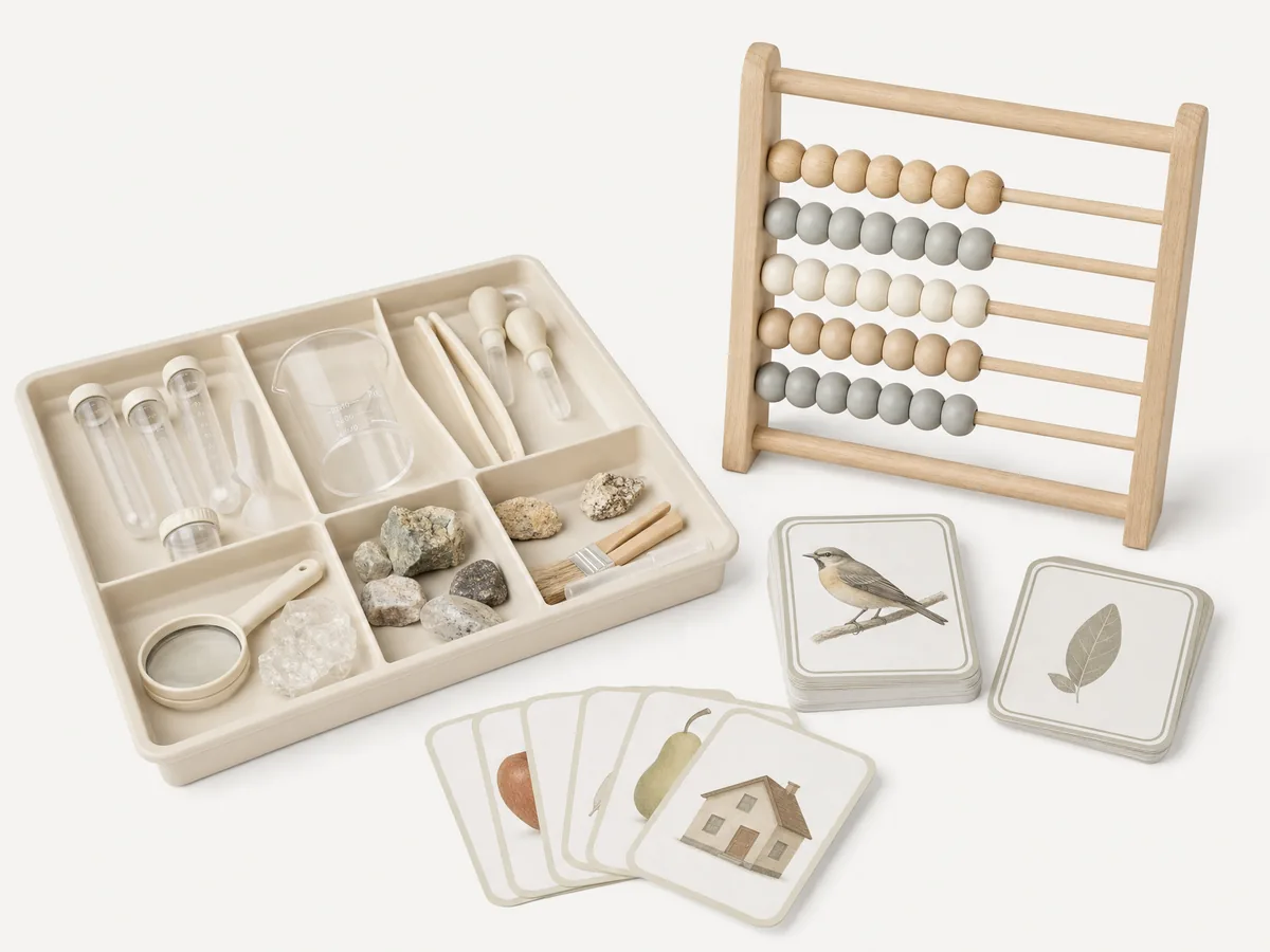 Montessori science tray, wooden abacus and picture cards
