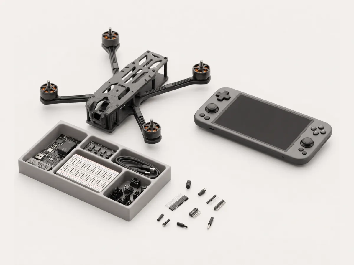 Drone frame, handheld console and electronics parts on a workbench