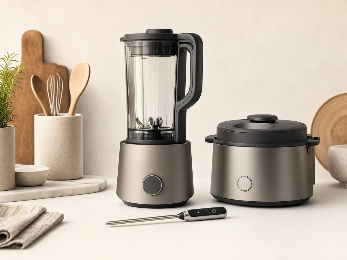 Smart blender, multi-cooker and wireless thermometer on a kitchen counter