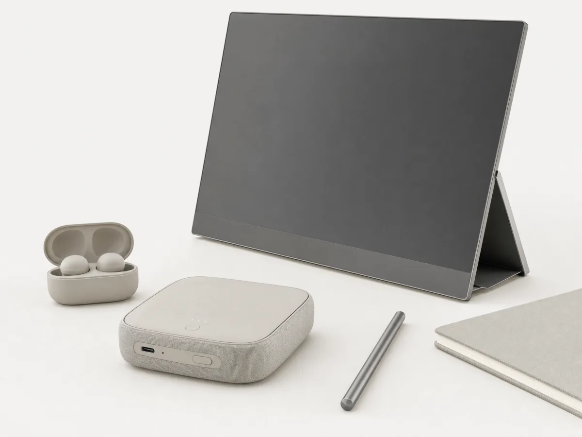 Portable monitor, earbuds, stylus and a compact hub on a desk