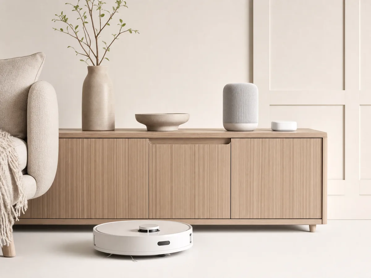 Robot vacuum, fabric smart speaker and hub in a calm living room