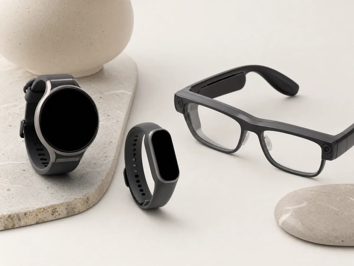 Smartwatch, fitness band and smart glasses on stone tiles