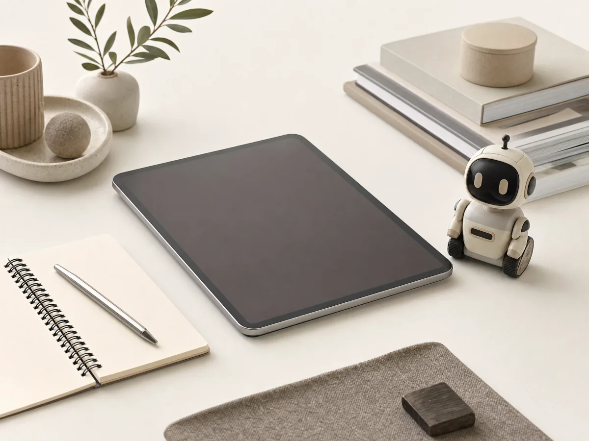 A tablet, notebook and desktop robot on a calm news desk