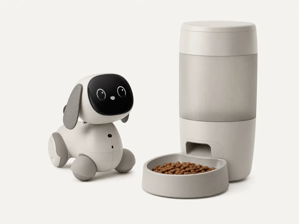 A wheeled robot dog beside a smart pet feeder