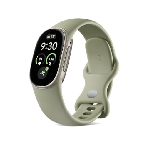Satin Pyrite Google Fitbit Edge with an olive band, listed at £159
