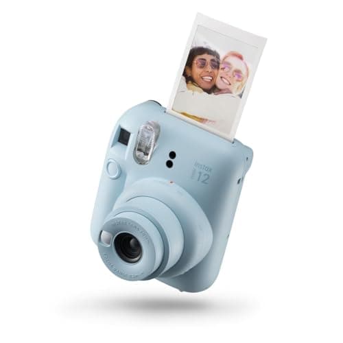 Fujifilm Instax Mini 12 instant film camera in pastel blue with selfie lens and mirror