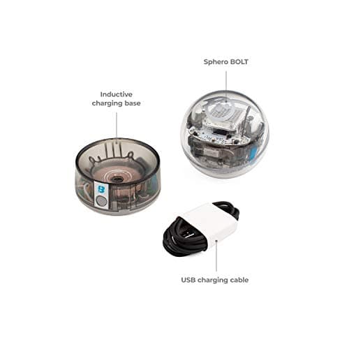 Sphero BOLT box contents: robotic ball, inductive charging base and USB cable