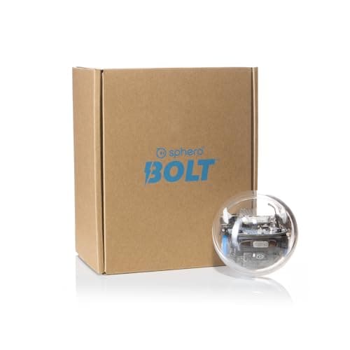 Sphero BOLT robotic ball in front of the brown sphero BOLT cardboard box
