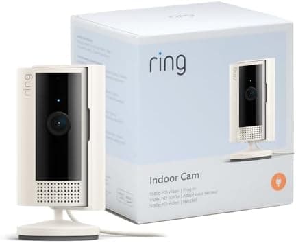 White Ring Indoor Camera (2nd Gen) on its stand next to its retail box