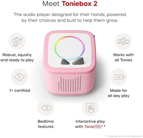 Toniebox 2 used at bedtime with its soft glowing sleep light beside a child's bed