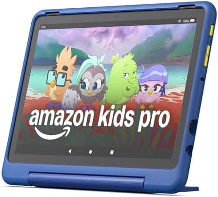Amazon Fire HD 10 Kids Pro tablet in a slim case with a more grown-up design for older children