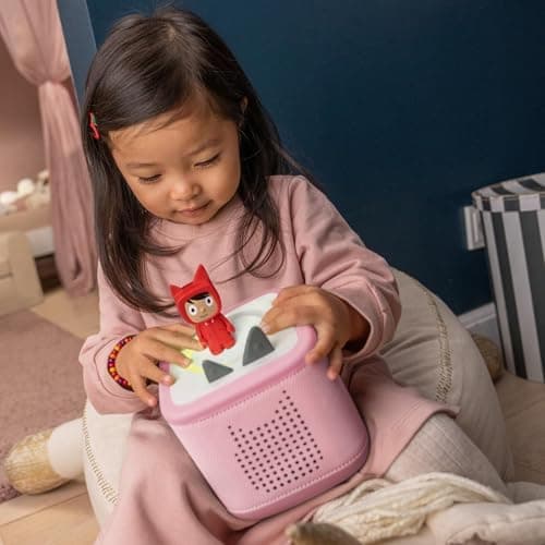 Toniebox 2 with felt ear controls and magnetic character figurine shown from above
