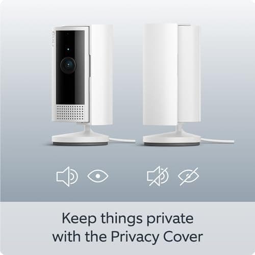Ring Indoor Camera (2nd Gen) with its privacy cover open and closed, showing the camera and microphone turned off