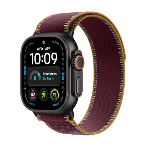 Black titanium Apple Watch Ultra 4 with a burgundy Trail Loop, the £674.10 Amazon UK listing