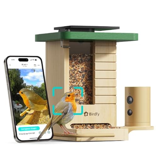 Birdfy smart wooden bird feeder with side camera in a UK garden