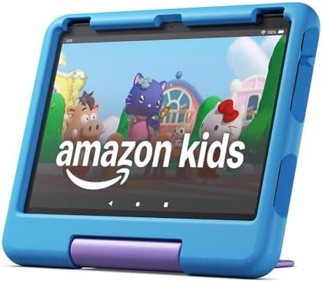 Amazon Fire HD 10 Kids tablet in a chunky colourful kid-proof case showing a children's learning app