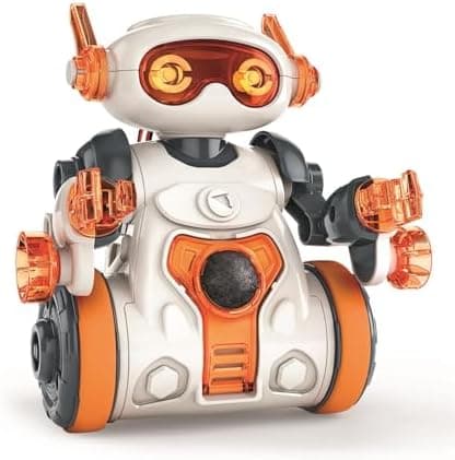 Assembled Clementoni Mio Robot 2.0 with orange eyes, arms and wheels