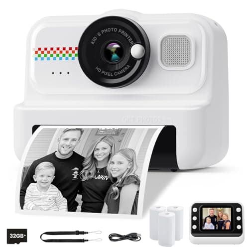 HiMont kids instant print camera in black with built-in thermal printer and colour screen
