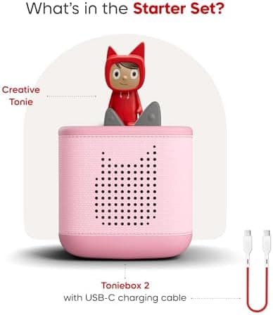 Toniebox 2 starter set contents including the audio player, charging equipment and a Creative Tonie