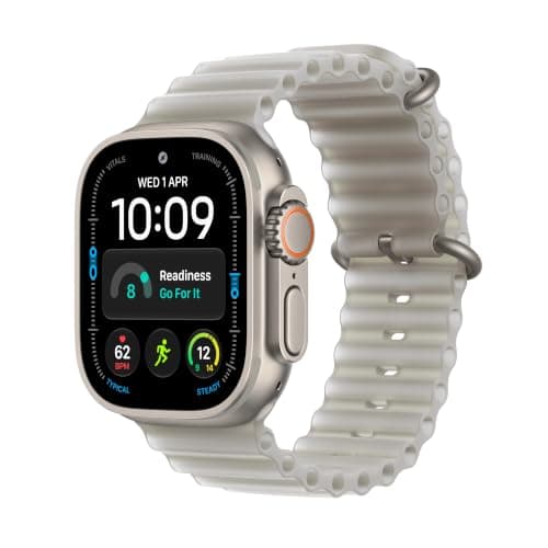 Natural titanium Apple Watch Ultra 4 with a grey Ocean Band, listed at £729