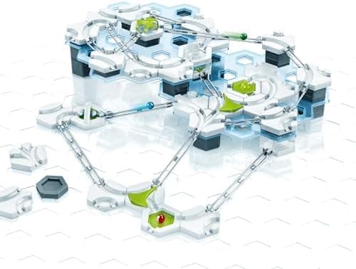 GraviTrax marble run built with stacked hexagonal height tiles, curved rails and action elements