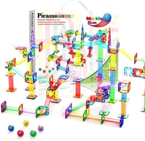 PicassoTiles 120-piece magnetic marble run set with tiles, tracks, slopes, funnels and steel marbles
