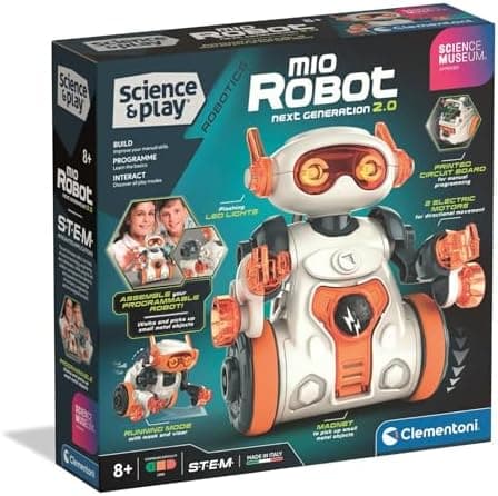 Clementoni Science Museum Mio Robot 2.0 box showing the white and orange build-your-own coding robot for ages 8+