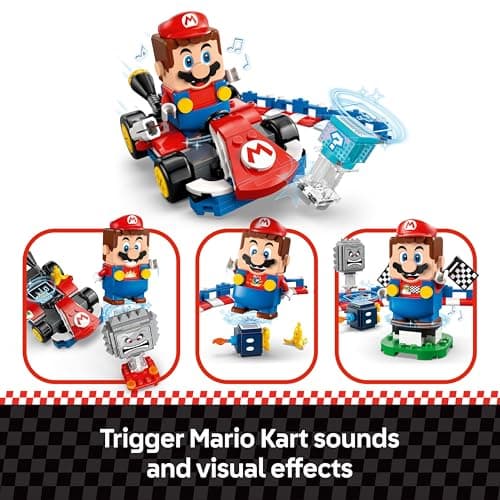Interactive LEGO Mario reacting with sounds and light effects as he drives the Standard Kart past a Thwomp and collects an item
