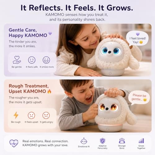Ropet KAMOMO AI companion pet robot with soft fur and animated digital eyes
