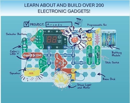 Snap Circuits Arcade parts laid out showing the range of snap-together modules, LED display, Word Fan and snap wires included in the kit
