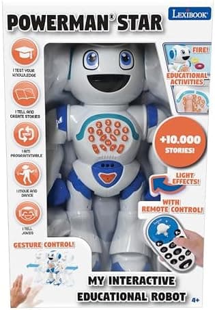 Lexibook Powerman Star robot viewed from the side showing its wheels, body panels and control buttons