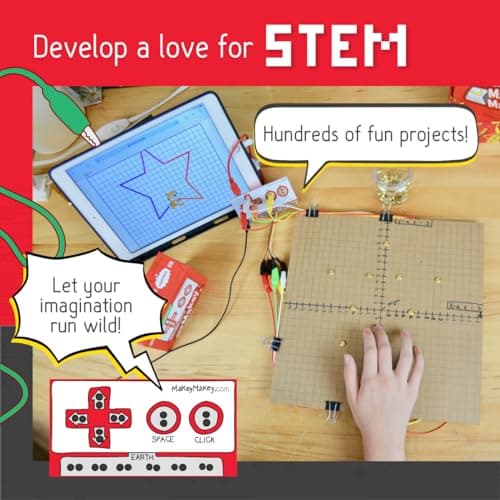 Makey Makey used for hands-on STEM projects, including a conductive cardboard game board with foil touch points