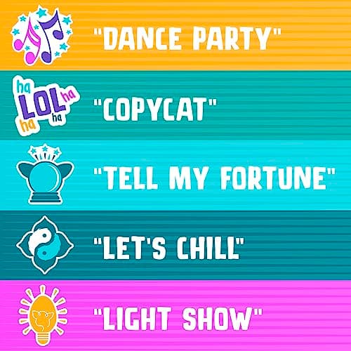 The five Furby modes: Dance Party, Copycat, Tell My Fortune, Let's Chill and Light Show