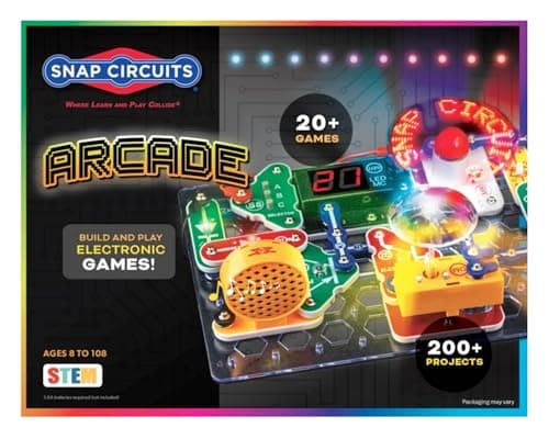 Snap Circuits Arcade electronics kit with build and play games and microcontroller for kids