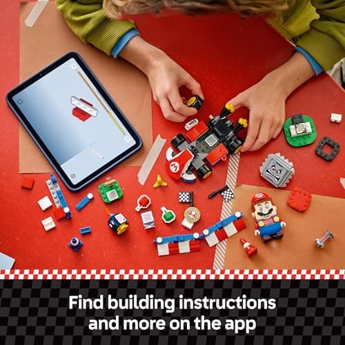 Child building the LEGO Mario Kart set next to a tablet showing the free LEGO Super Mario app building instructions