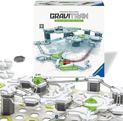 Ravensburger GraviTrax Starter Set marble run box showing hexagonal tiles, transparent tracks and steel marbles
