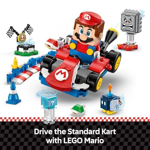 The built LEGO Standard Kart with interactive LEGO Mario, a checkered-flag podium, Thwomp, Bob-omb and red-and-white track barriers