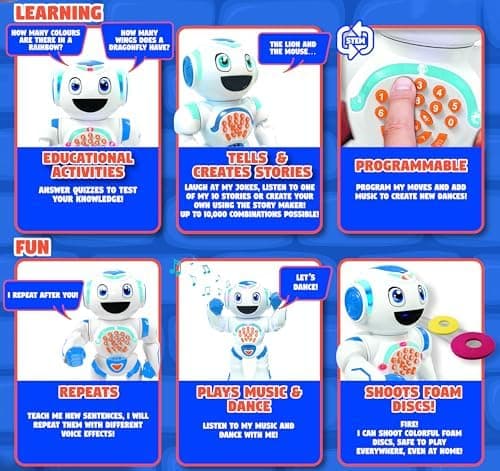 Lexibook Powerman Star robot shown with its remote control and coloured foam discs on a plain background