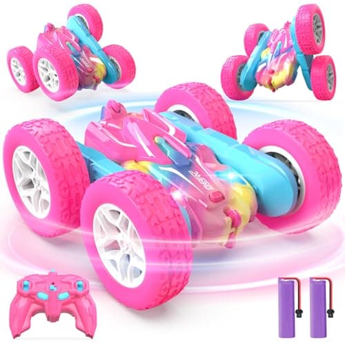 DEERC Pink Remote Control Car for kids with colourful lights, double-sided 360 rotating 4WD stunt car