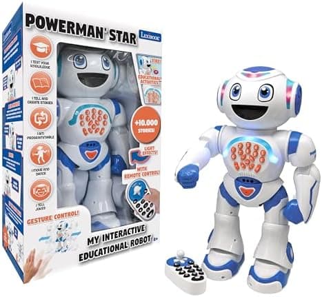 Lexibook Powerman Star walking talking toy robot standing upright with light-up chest panel and remote control