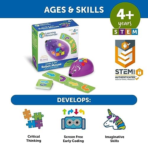 Code & Go Robot Mouse packaging showing the ages 4 plus STEM.org Authenticated badge and skills developed