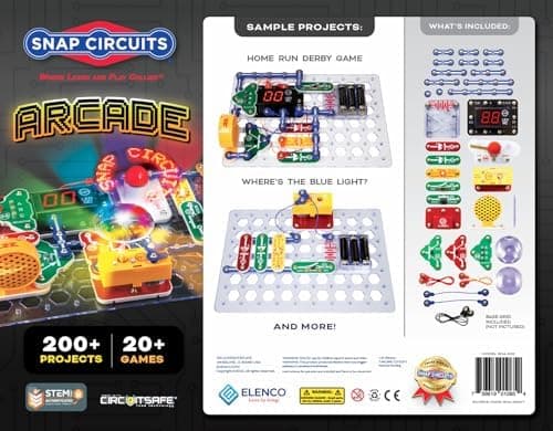 Snap Circuits Arcade colour-coded snap-together modules, LED display and speaker arranged on the clear grid baseplate