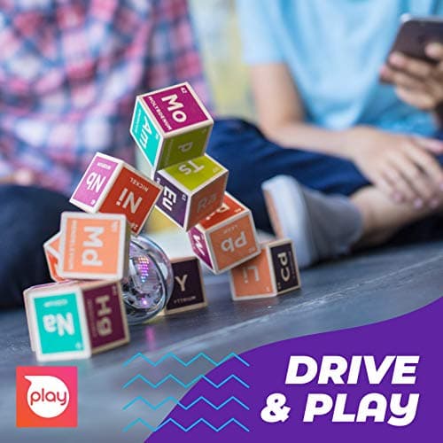Sphero BOLT knocking over wooden element blocks, manufacturer overlay reading drive and play