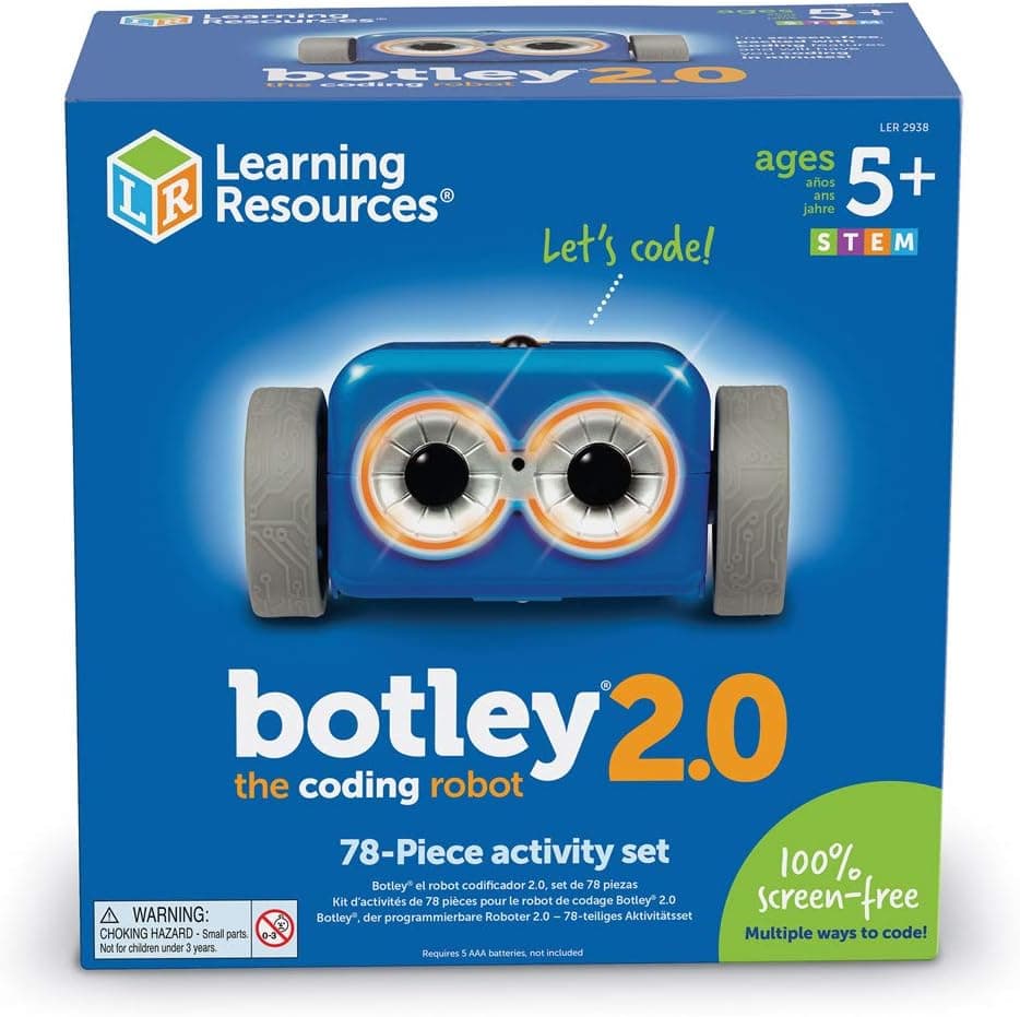 Botley 2.0 coding robot with its remote programmer, coding cards and obstacle pieces from the activity set